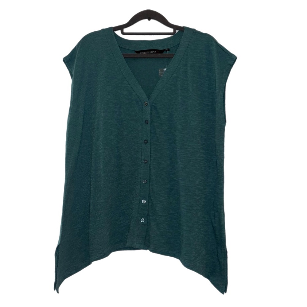 Colleen Lopez Asymmetrical Green Cap Sleeve Button Down